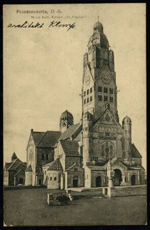 Paulus-Kirche und Pfarrhaus, Friedenshütte: Außenansicht (Postkarte)