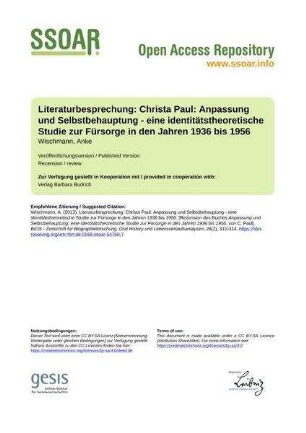 Literaturbesprechung: Christa Paul: Anpassung und Selbstbehauptung - eine identitätstheoretische Studie zur Fürsorge in den Jahren 1936 bis 1956