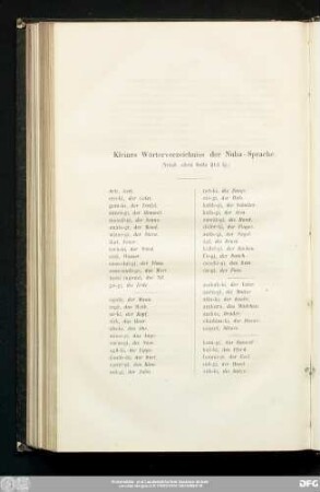 Kleines Wörterverzeichnis der Nuba-Sprache.