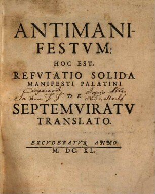 Antimanifestum: Hoc Est, Refutatio Solida Manifesti Palatini De Septemviratu Translato
