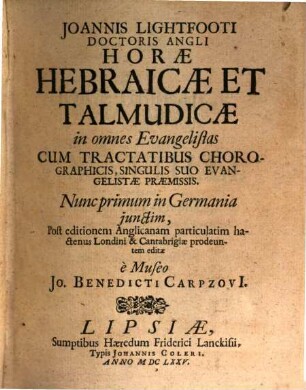 Horae Hebraicae ... impensae in omnes Evangelistas ...