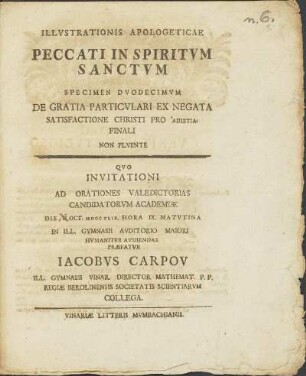 12.1749: De Gratia Particvlari Ex Negata Satisfactione Christi Pro 'Apistia. Finali