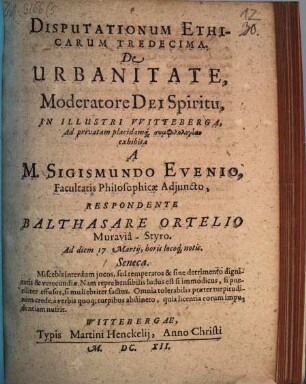 Disputationum Ethicarum Tredecima. De Urbanitate