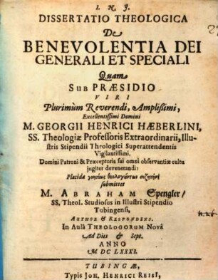 Diss. theol. de benevolentia Dei generali et speciali
