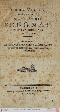 Chronicon diplomaticum Monasterii Schönau in Sylva Odoniana Ord. Cisterc.