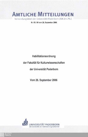 Habilitationsordnung der Fakultät für Kulturwissenschaften der Universität Paderborn : vom 26. September 2006