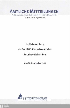 Habilitationsordnung der Fakultät für Kulturwissenschaften der Universität Paderborn : vom 26. September 2006