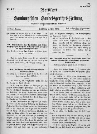 Beiblatt zur hamburgischen Handelsgerichts-Zeitung No. 19. Zweiter Jahrgang. Hamburg, 8. Mai 1869.