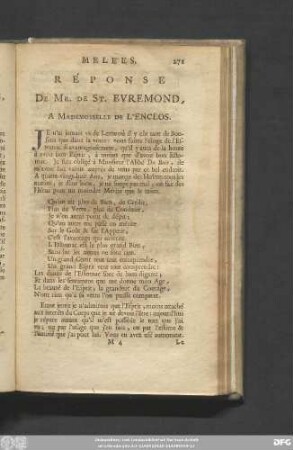 Réponse De Mr. De St. Evremond, A Mademoiselle De L'Enclos.