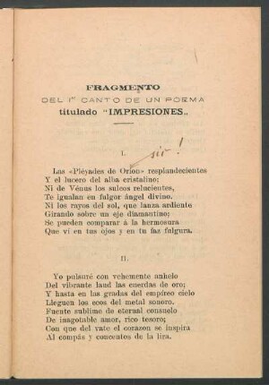 Fragmento del 1er. canto de un poema titulado "Impresiones"