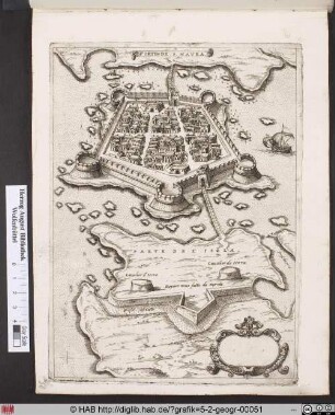 Landkarte mit perspektivischer Stadtansicht von Sancta Maura/Lefkada und Umgebung.