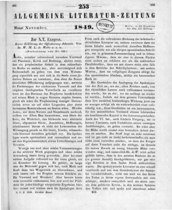 Wette, W. M. L.: Kurzgefasstes exegetisches Handbuch zum Neuen Testament. Bd.3, T.2. Kurze Erklärung der Offenbarung Johannis. Leipzig: Weidmann 1848 (Fortsetzung von Nr. 252)