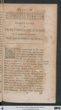 Dissertatio de Praestantia Religionis in S. Scriptura revelatae, Hujusque revelationis necessitate.