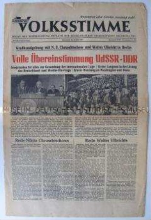 Regionale Tageszeitung der SED "Märkische Volksstimme" zum Staatsbesuch von Chrustschow in der DDR