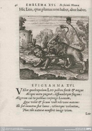Discursus XVI. Hic Leo, quas plumas non habet, alter habet.