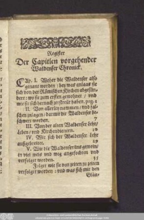 Register Der Capiteln vorgehender Waldenser Chronick.