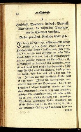 X. Hochfürstl. Brandenb. Anspach-Baireuth. Verordnung, die fleischlichen Vergehungen der Soldaten betreffend.