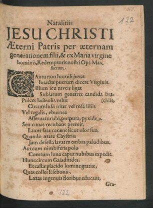 Natalitiis Jesu Christi Aeterni Patris per aeternam generationem filii, & ex Maria virgine hominis, Redemptoris nostri Opt. Max. sacrum