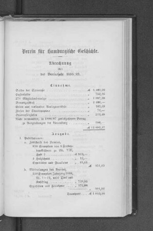 Abrechnung über das Vereinsjahr 1888/89.