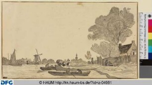 Schiffe auf dem Fluss in einer niederländischen Landschaft mit Windmühle