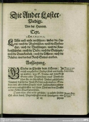 Die Ander Laster-Predigt. Von der Hurerey