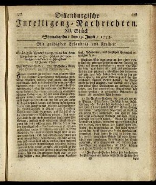 XII. Stück. Sonnabends: den 19. Junii / 1773.