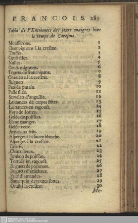 Table de l'Entremets des jours maigres hors le temps de Caresme