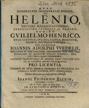 Dissertatio Inavgvralis Medica, De Helenio