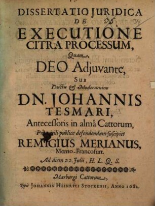 Diss. iur. de executione citra processum