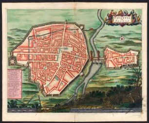 Stadtplan von Faenza, Italien, kolorierter Kupferstich, ca. 1730 : Faventia, Vulgo Faensa : Avec Privil. - Amsterdam : Pierre Mortier, s.a. [ca. 1730]. - 1 Plan : Kupferstich ; 46 x 58 cm. - Maßstab in graph. Form (Canne Faentine, Piede Faentino)
