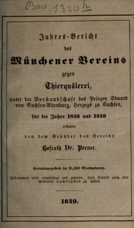 Jahresbericht des Münchner Vereins gegen Thierquälerei, 1848/49