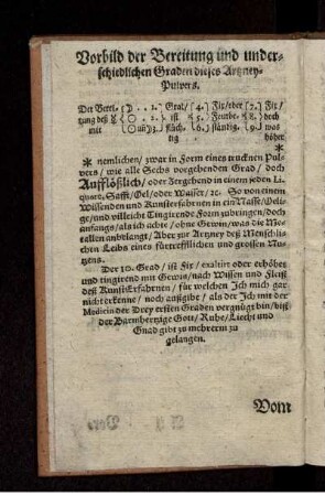 Vorbild der Bereitung und underschiedlichen Graden dieses Artzney-Pulvers