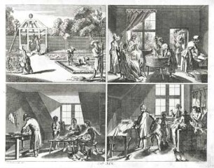 Einige Arten nützlicher Beschäftigungen. a Etwas von Gärtnerarbeit... b Frauenzimmerarbeiten ... c Der Schuster mit seinen Gesellen und den Lehrburschen d Der Schneider mit seinen Gehülfen. Tafel XIX Aus: Elementarwerke für die Jugend und ihre Freunde von J. B. Basedow. Radierung; 18,5 x 24,1 cm (Blattgröße) (1774; D. N. Chodowiecki). Dresden: SLUB 28.8.4011