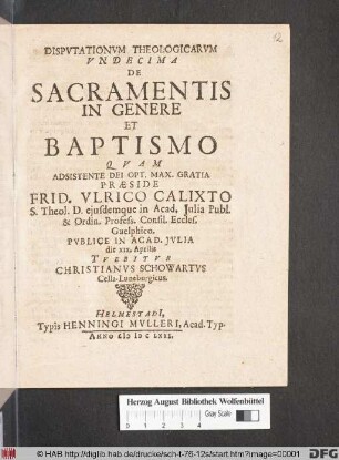 Disputationum Theologicarum Undecima De Sacramentis In Genere Et Baptismo