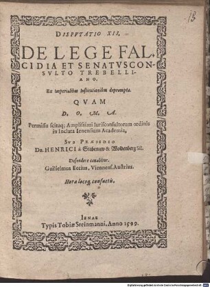 Disp. XII. de lege falcidia et senatusconsulto Trebelliano, ex imperialibus Institutionibus deprompta