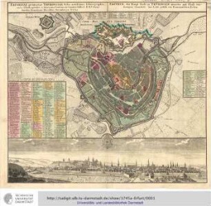 [Erfordiae primariae Thuringiae Urbis novissima Ichnographia] Erfordiae primariae Thvringiae Vrbis novissima Ichnographia = Erfvrth, der Haupt Stadt in Thvringen neuester mit Fleiss verfertigter Grundriss / cura & studio prodiit C. A. Molitoris Cantoris Et Canonici Col. Eccl. B. M. V.