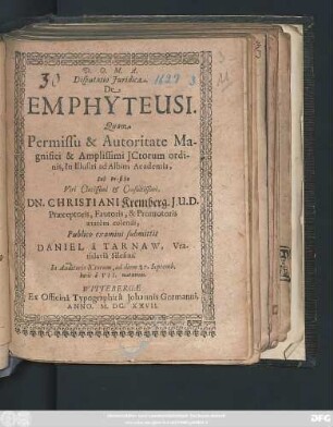 Disputatio Iuridica. De Emphyteusi