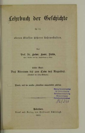 Bd. 1: Das Altertum bis zum Tode des Augustus : (Lehrstoff der Ober-Sekunda)