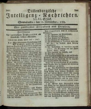 XLVI. Stück. Sonnabends: den 15. November, 1783.