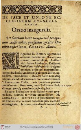De pace et unione ecclesiarum. Oratio inauguralis