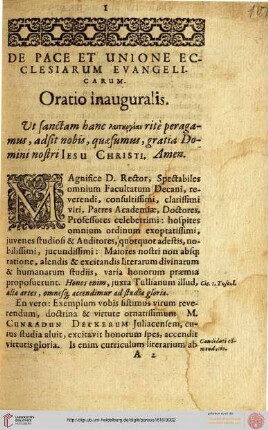 De pace et unione ecclesiarum. Oratio inauguralis