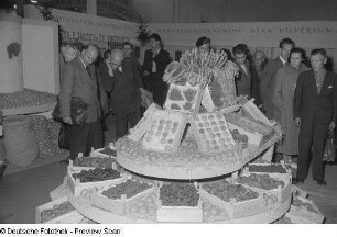 Besucher an einem Stand mit Südfrüchten, Herbstmesse 1953