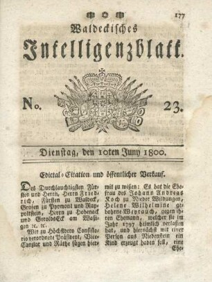 No. 23, Dienstag, den 10ten Juny 1800