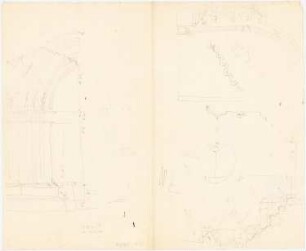 Portale und Gewölbe: zahlreiche Detailskizzen, z.T. mit Aufmaß, Teilansichten romanischer und gotischer (Gewände) Portale mit Archivolten, Basen von Gewölbepfeilern und -pilastern