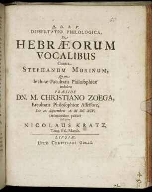 Dissertatio Philologica, De Hebraeorum Vocalibus Contra Stephanum Morinum