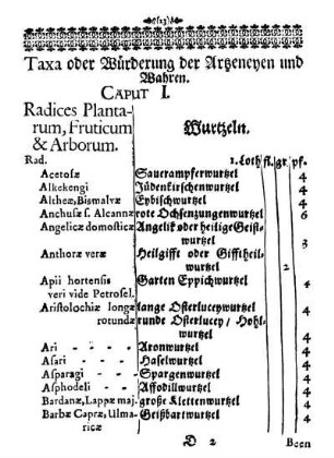 Taxa oder Würderung der Artzeneyen und Wahren.