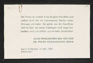 Brief von Alice Friedländer und Franz Röhn an Gerhart Hauptmann