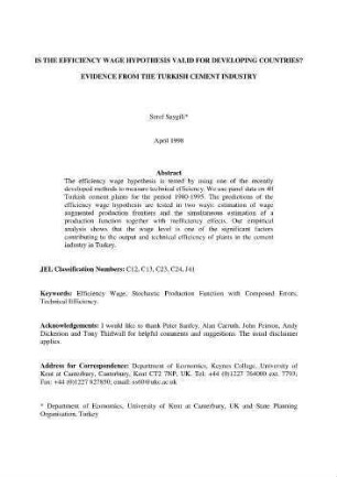 Is the efficiency wage hypothesis valid for developing countries? : evidence from the Turkish cement industry