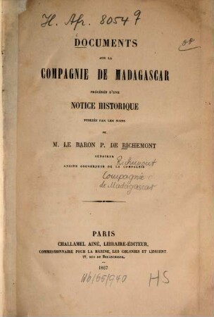 Documents sur la Compagnie de Madagascar