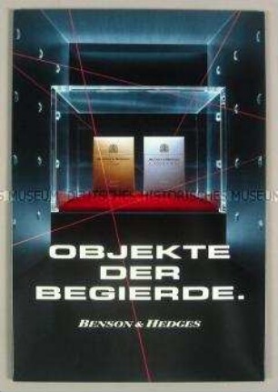 Werbeaufsteller mit Werbeaufdruck für "Benson & Hedges Filter"- und "West LIGHTS"-Zigaretten, "OBJEKT DER BEGIERDE."